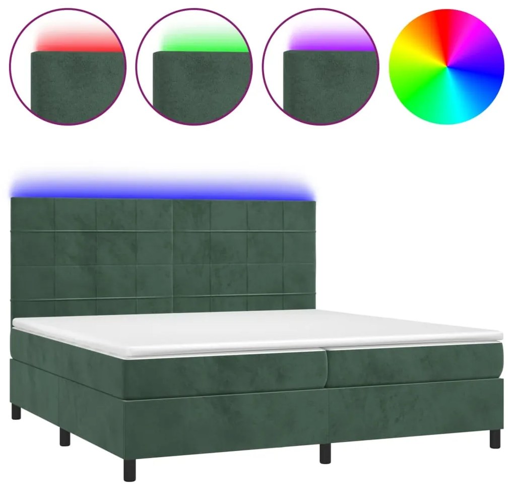 Letto a Molle con Materasso e LED Verde Scuro 200x200cm Velluto