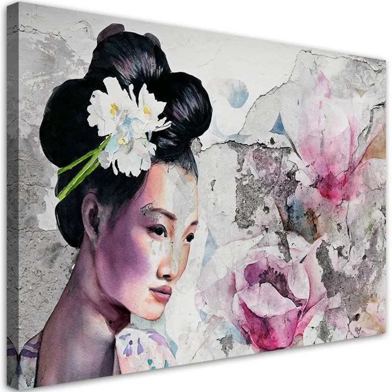 Quadro su tela, Ritratto di una geisha sul vecchio muro  Dimensioni 60x40