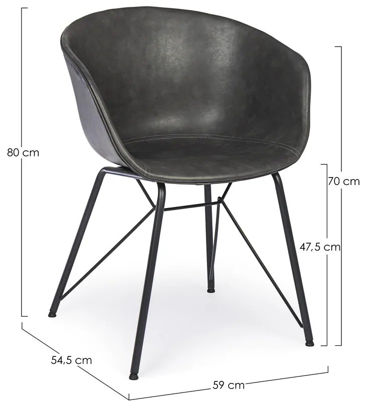 Set di 2 poltroncine WARHOL in similpelle antracite e gambe in acciaio nero, con braccioli