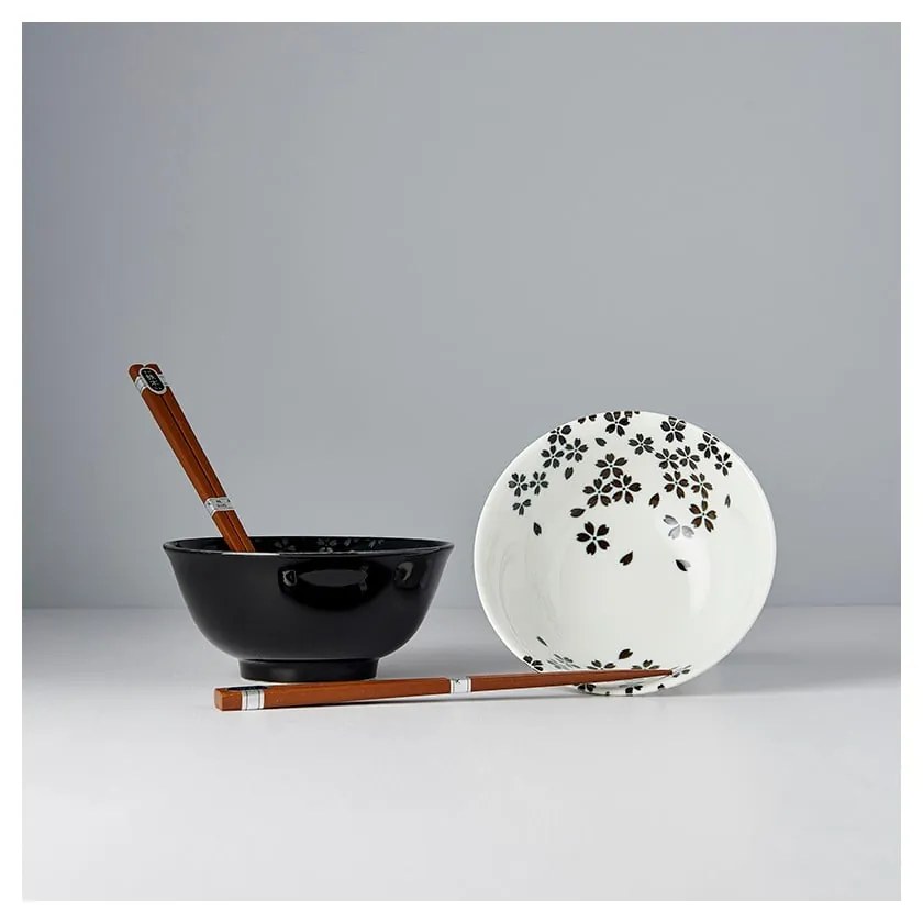 Set di 2 ciotole e bacchette in ceramica bianca e nera Sakura - MIJ