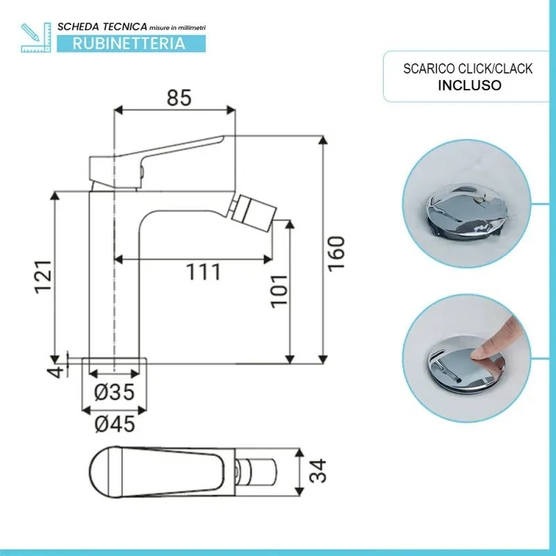 Set rubinetti lavabo e bidet in ottone cromo con piletta click clack linea Vegas