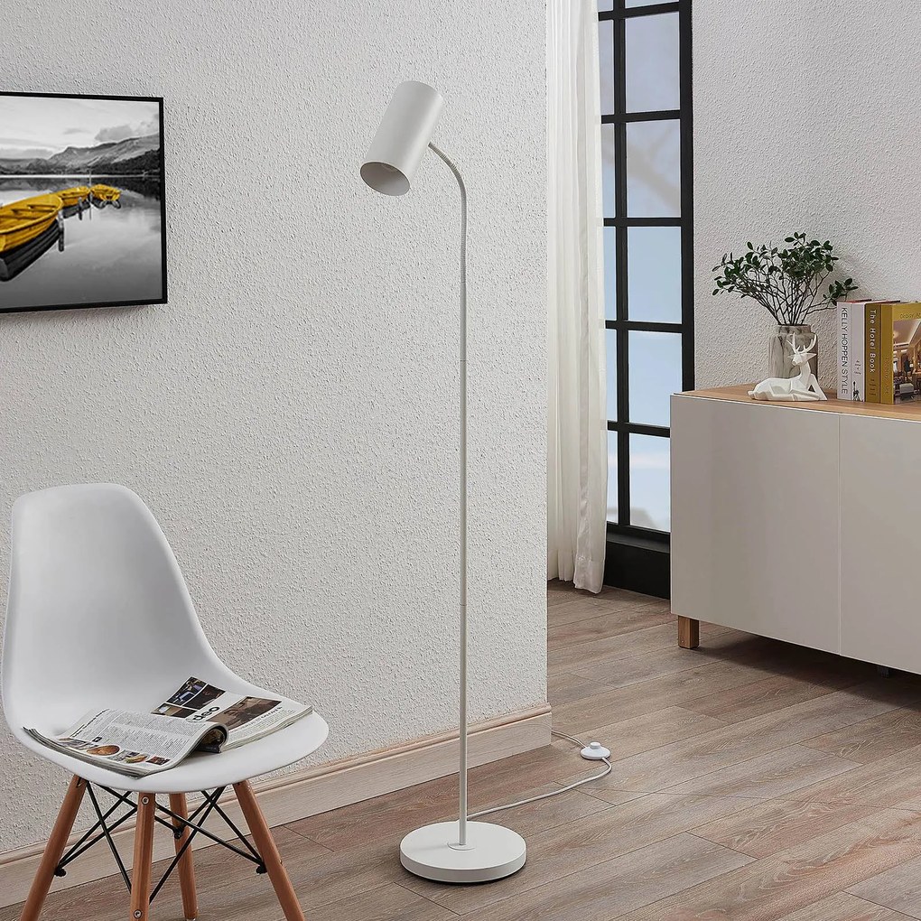 Lindby lampada da terra Karoli, bianco, 145 cm, metallo, braccio flessibile