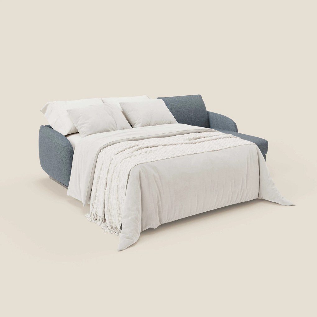 Ninfea Divano Letto Angolare con Penisola Contenitore e Materasso H18 cm - piedini in metallo e Tessuto impermeabile T03 blu