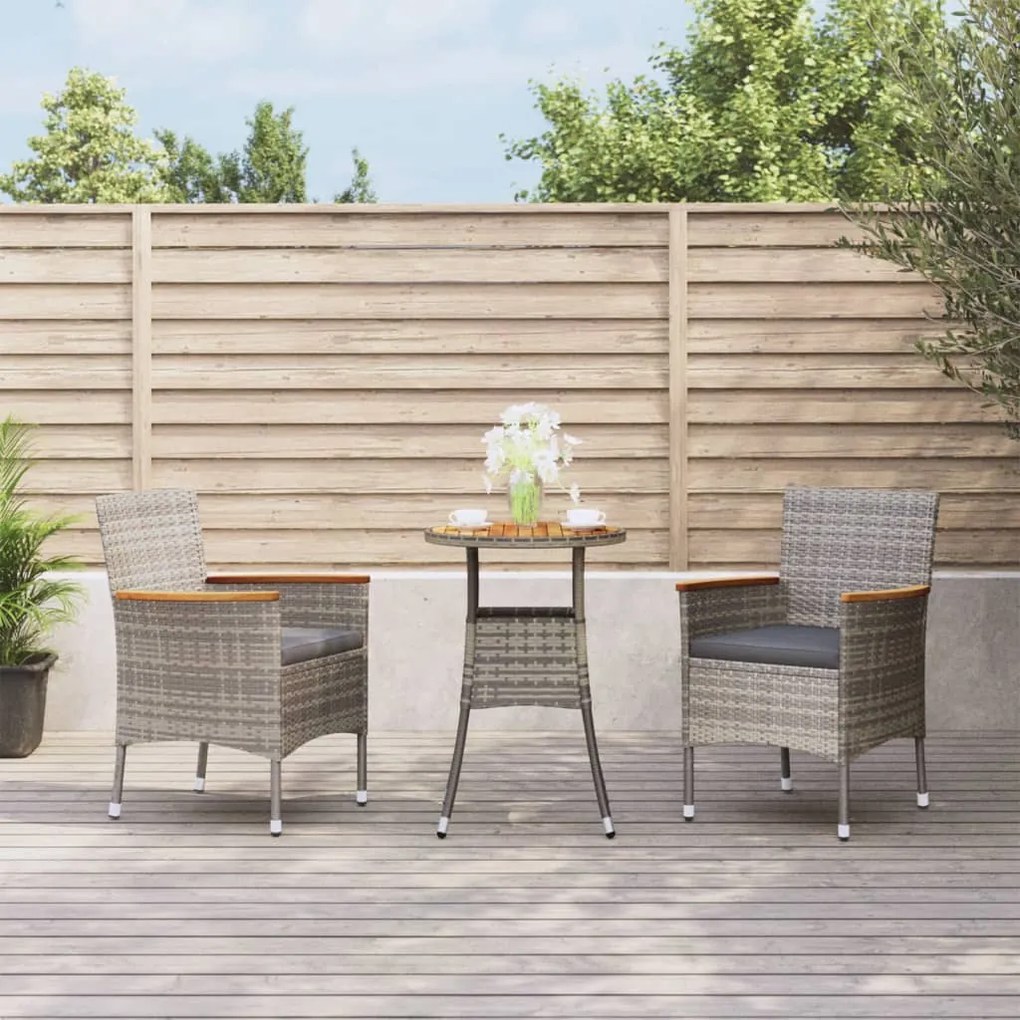 Set bistrò da giardino 3 pz con cuscini in polyrattan grigio