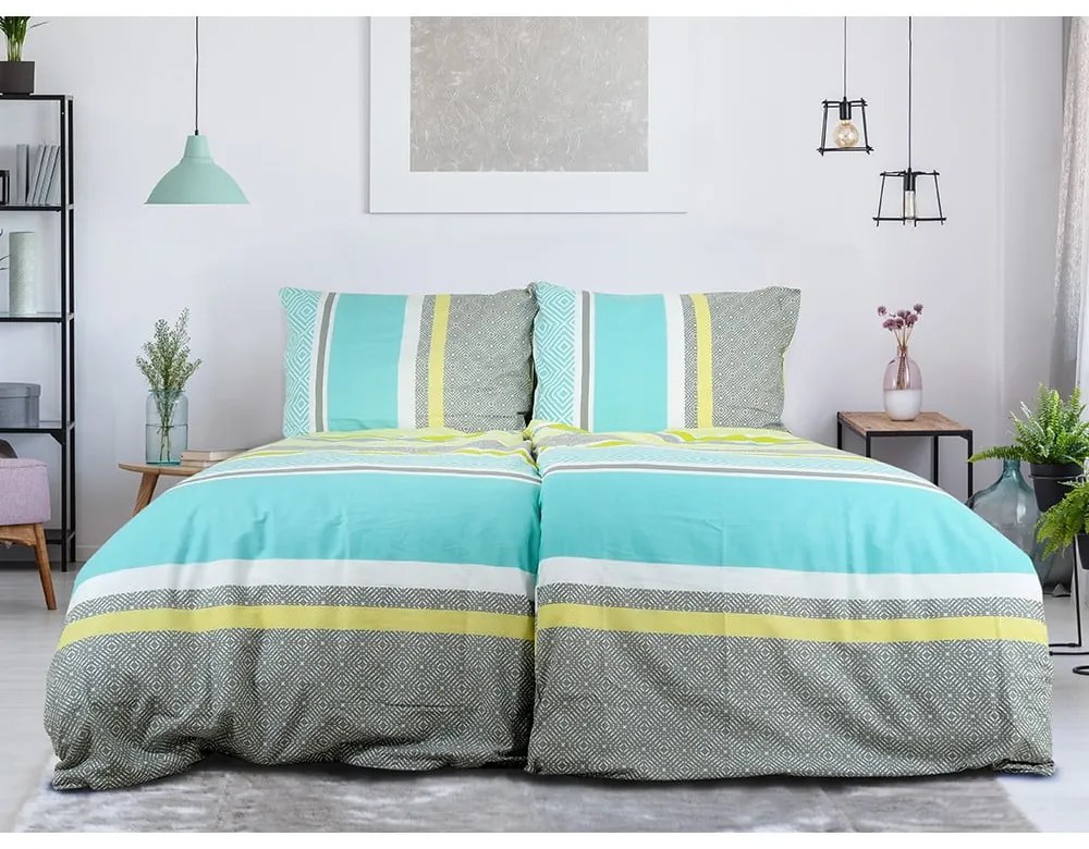 Set copripiumino e federa grigio/turchese in crêpe per letto singolo 140x200 cm Beautiful Spring – B.E.S.