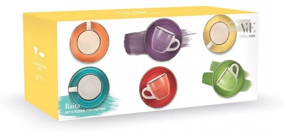 Set 6 tazzine caffè 90 ml con piattino in gres colorato dipinto a