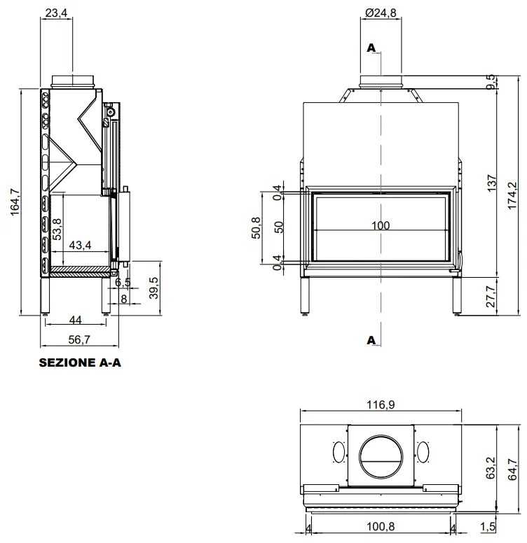 Antonio Lupi Design Filoskema100 Termocamino A Legna 100,8x50,8 Cm Con Anta E Struttura In Acciaio