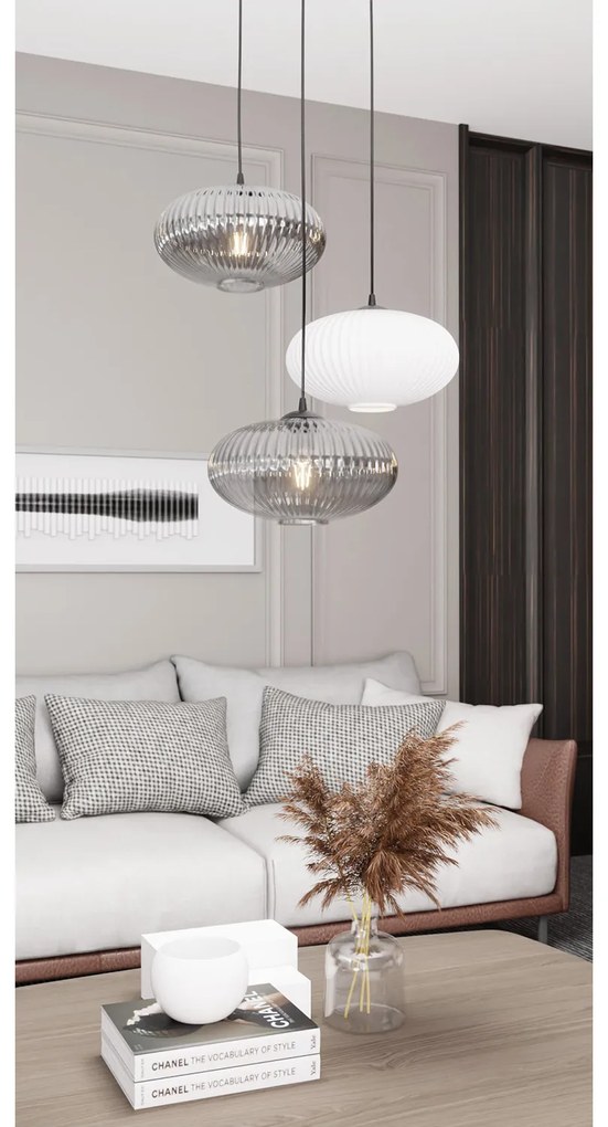 Lampadario 3 Luci Iris Base Tonda In Acciaio Nero Paralume Plissè Multicolor