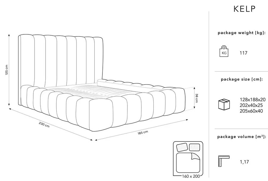 Letto matrimoniale imbottito azzurro con contenitore con griglia 160x200 cm Kelp - Micadoni Home