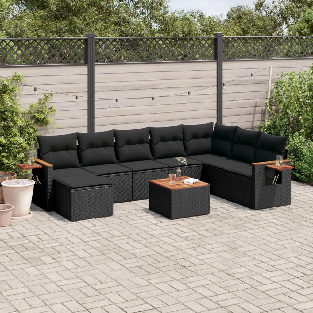 Set divani da giardino 9 pz con cuscini nero in polyrattan