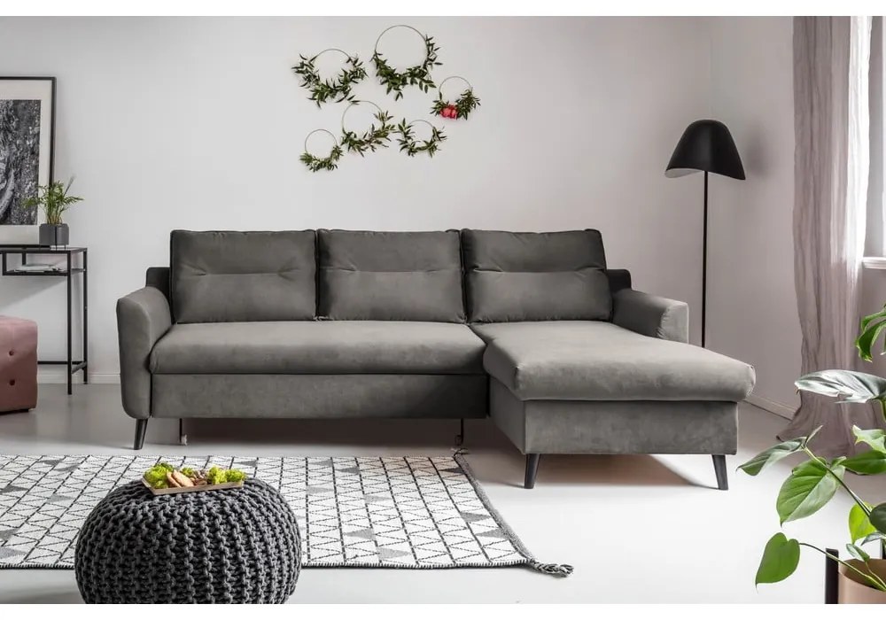 Divano letto angolare in velluto grigio scuro, angolo destro Stylish Stan - Miuform