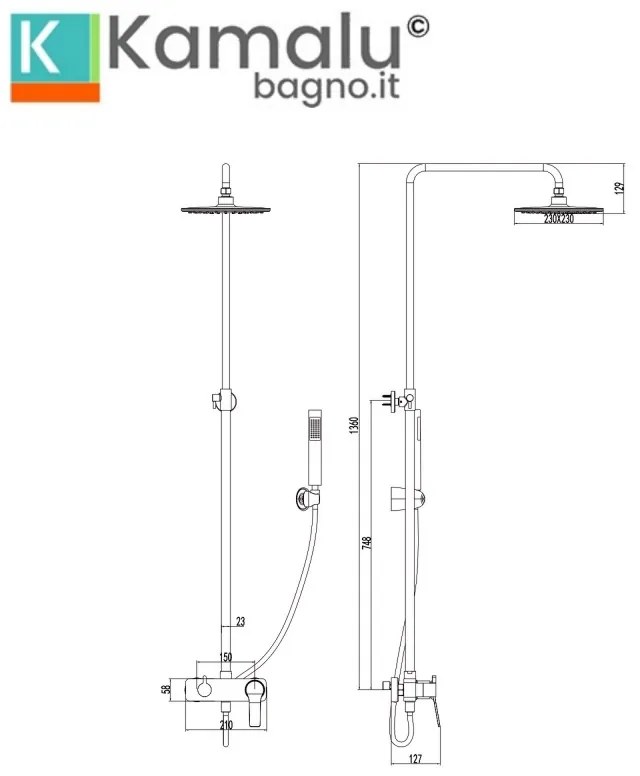 Kamalu - Colonna doccia fissa con deviatore e doccetta finitura bianca con dettagli oro rosa| KAM-KANDA BIANCO-RG