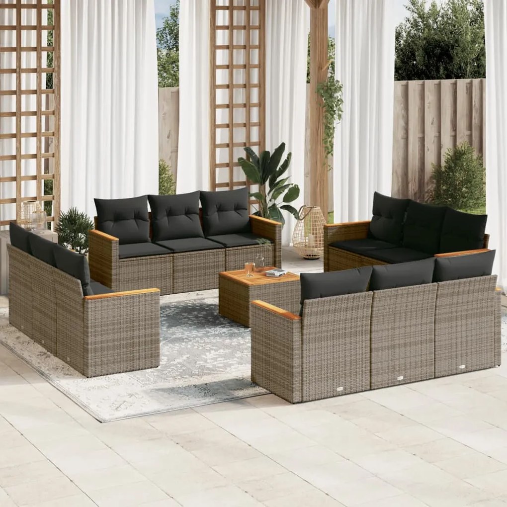 Set divani da giardino 13 pz con cuscini grigio in polyrattan