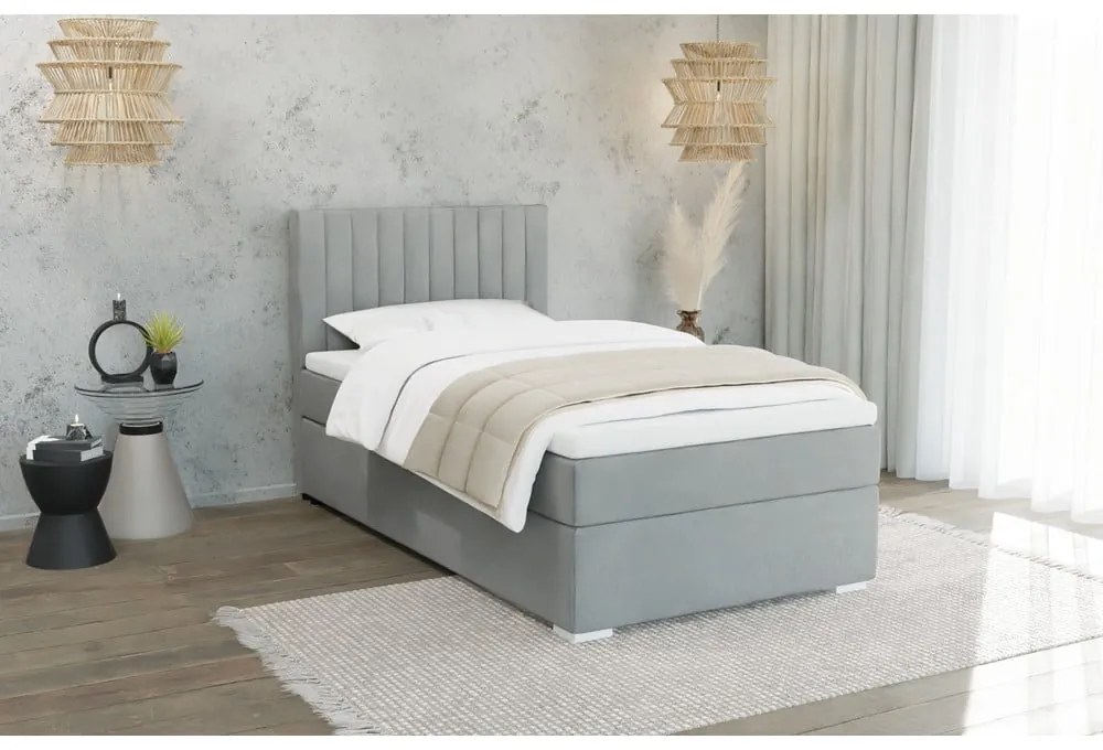 Letto singolo imbottito con contenitore grigio chiaro con materasso e topper inclusi 80x200 cm Bunny – Ropez