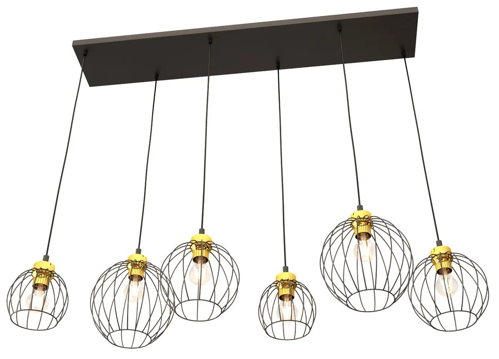 Sospensione Minimal Industrial Hathor 6 Luci Lineari Nera E Oro