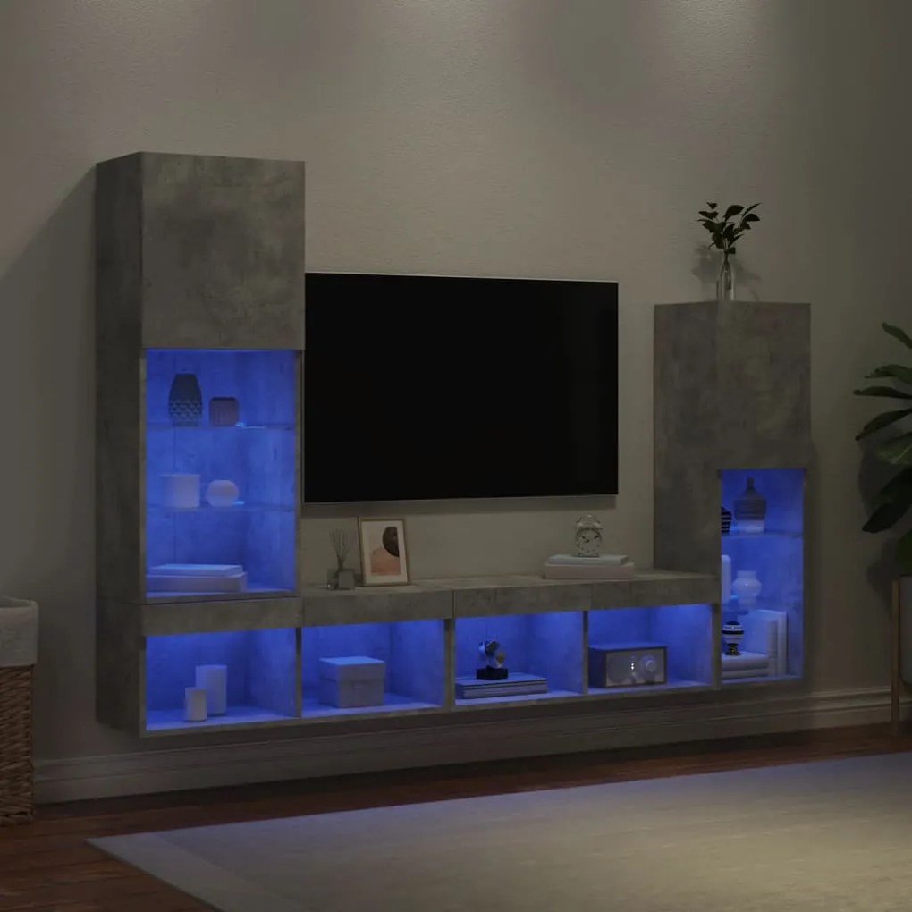 Mobili Tv A Muro Con Led 4pz Grigio Cemento Legno Multistrato /
