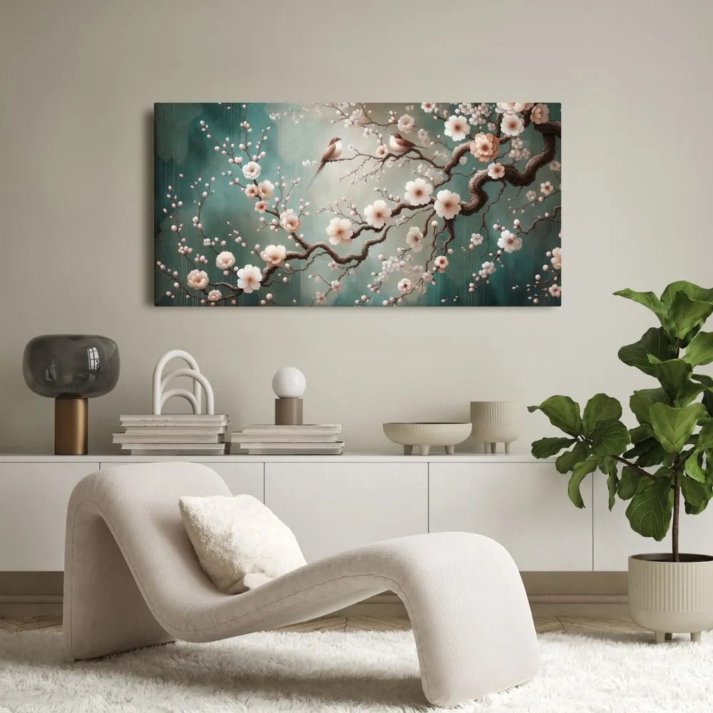 Quadro su tela – Ramo primaverile con uccellini