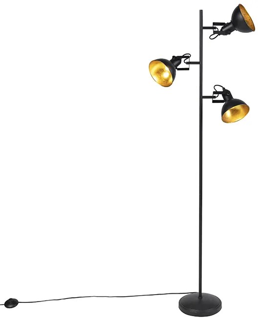 Lampada da terra industriale nera con oro 3 luci - Tommy