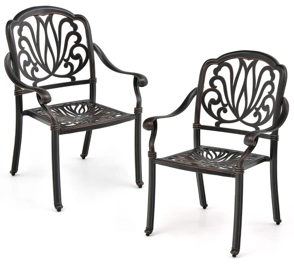 Costway Set di 2 sedie da esterno in alluminio pressofuso per patio, Sedie da pranzo impilabili con braccioli Bronzo