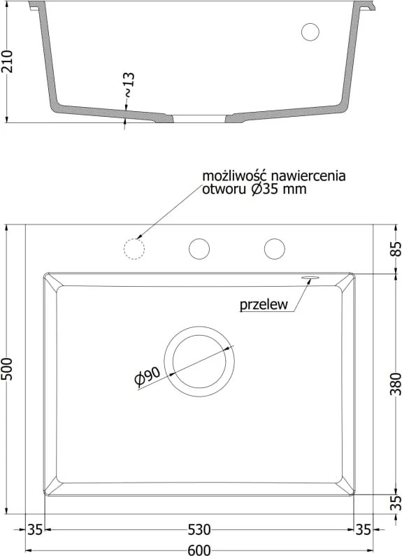 Mexen Elix lavello in granito a 1 vasca 600 x 500 mm, nero maculato, sifone cromato - 6525601005-76