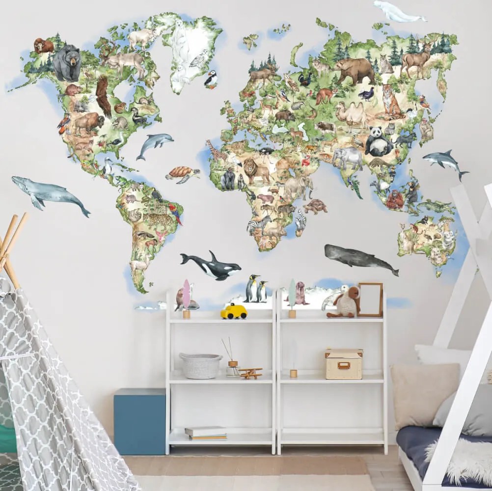 Mappa del mondo sulla parete con 150 animali - adesivo riposizionabile | Inspio
