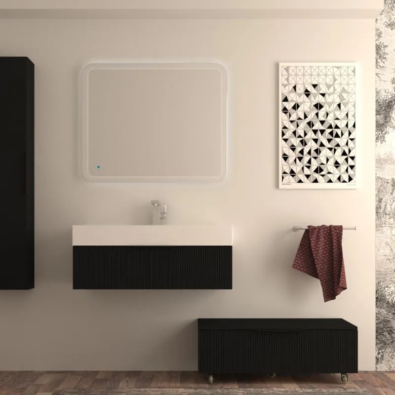 Mobile da bagno sospeso sotto lavabo Modula di BADEN HAUS L 90 x H 25 x P 44 cm nero  opaco cannettato, 1 cassetto