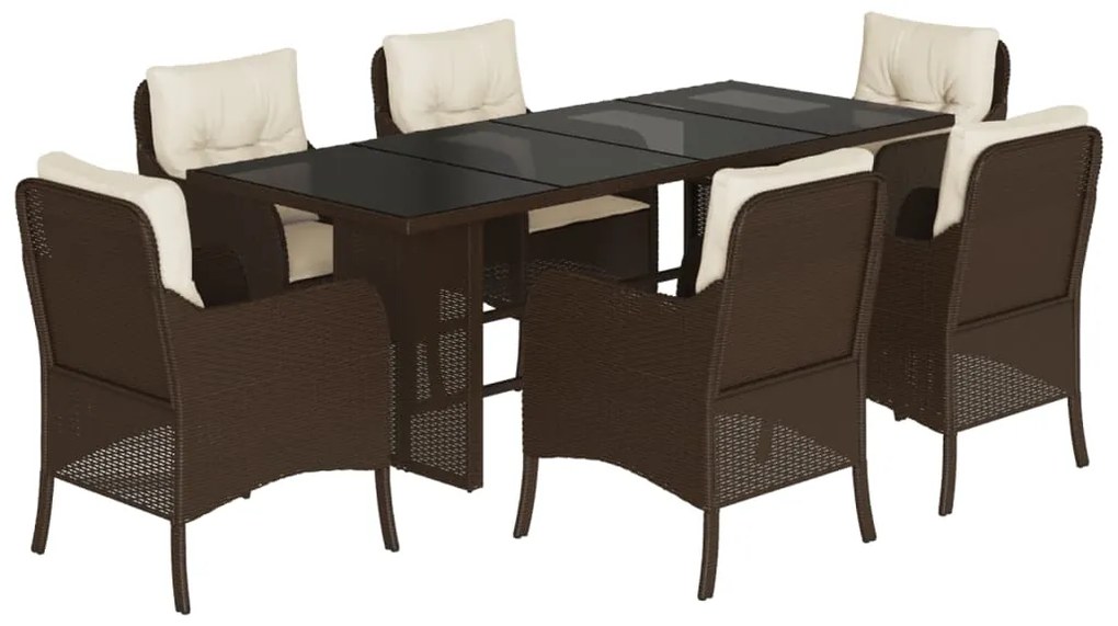 Set da pranzo da giardino 7pz con cuscini in polyrattan marrone