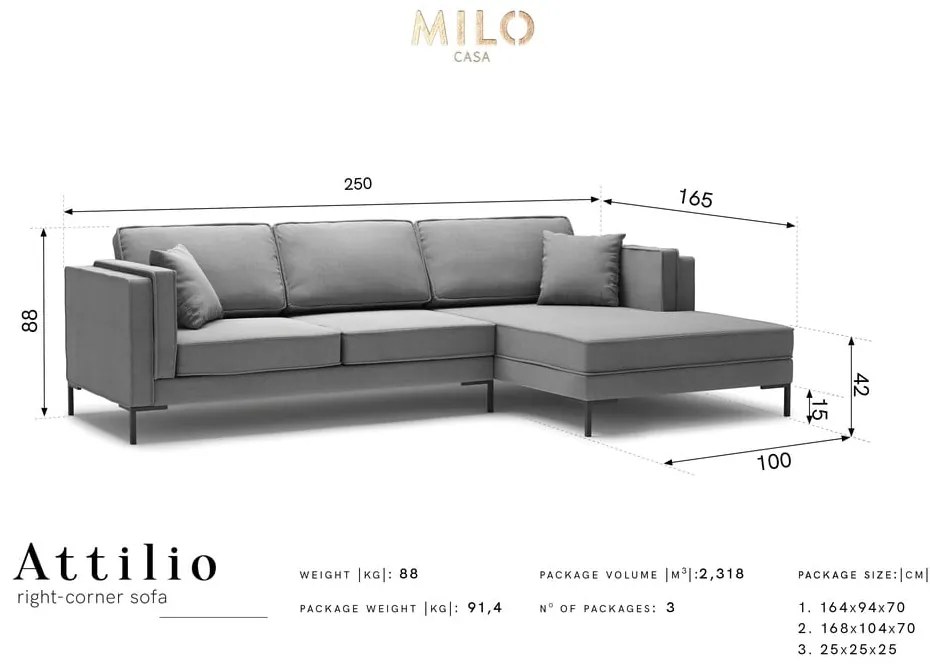 Divano angolare grigio , angolo destro Attilio - Milo Casa