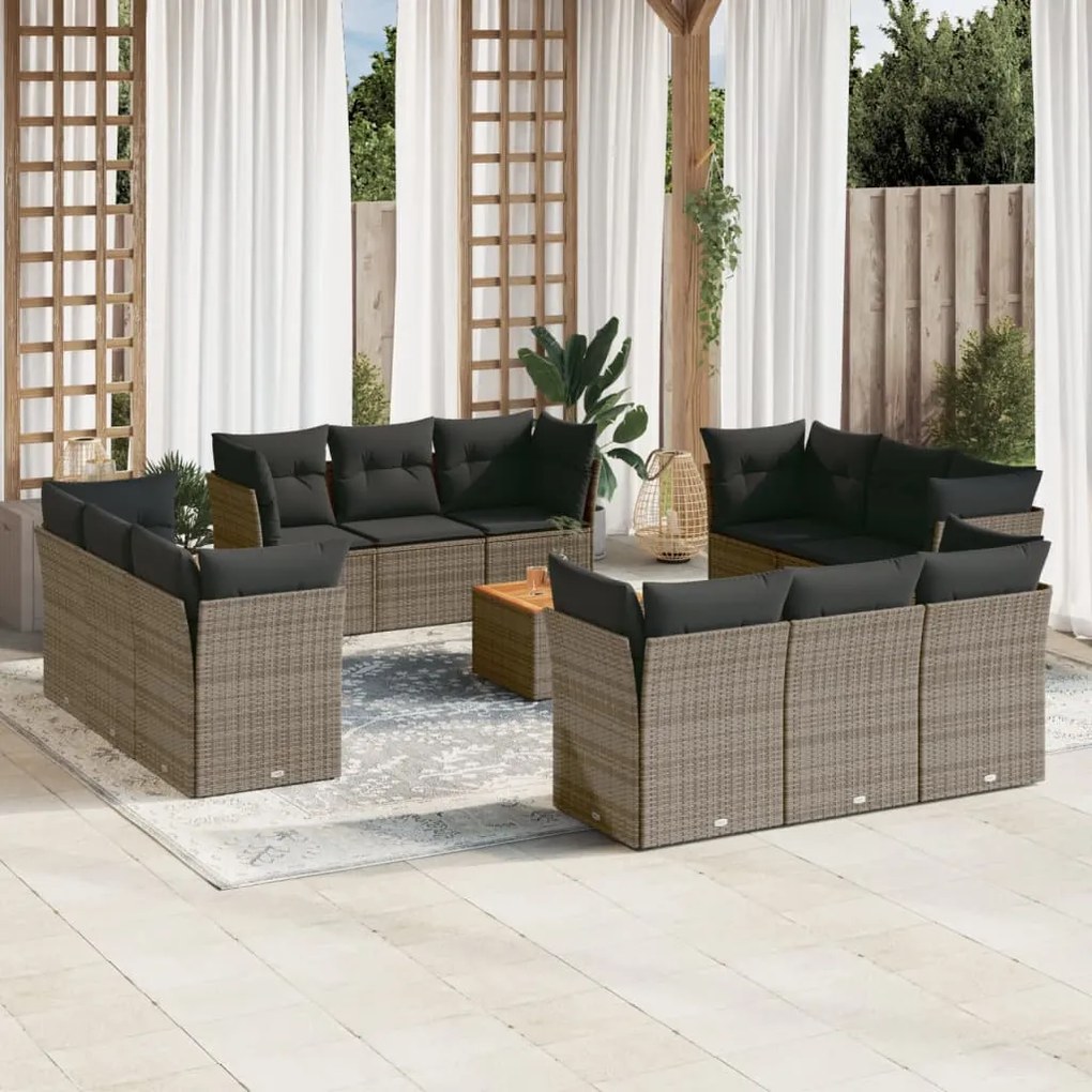 Set divani da giardino 13 pz con cuscini grigio in polyrattan