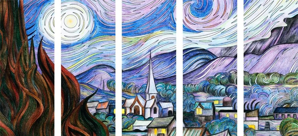 Quadri 5 pezzi – Riproduzione Notte stellata - Vincent van Gogh