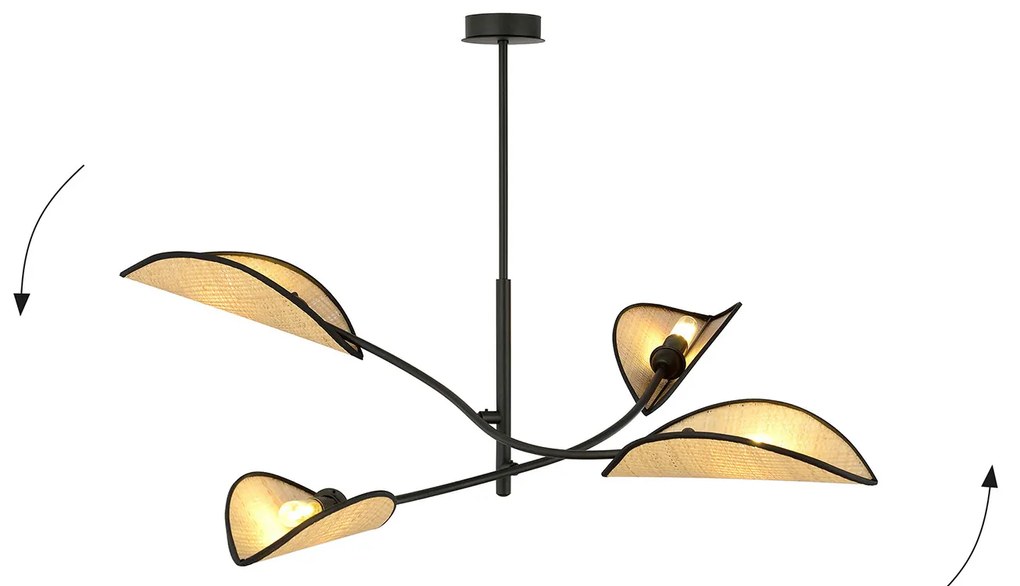 Sospensione Nordica 4 Luci Ares In Acciaio E Rattan Con Bracci Regolabili