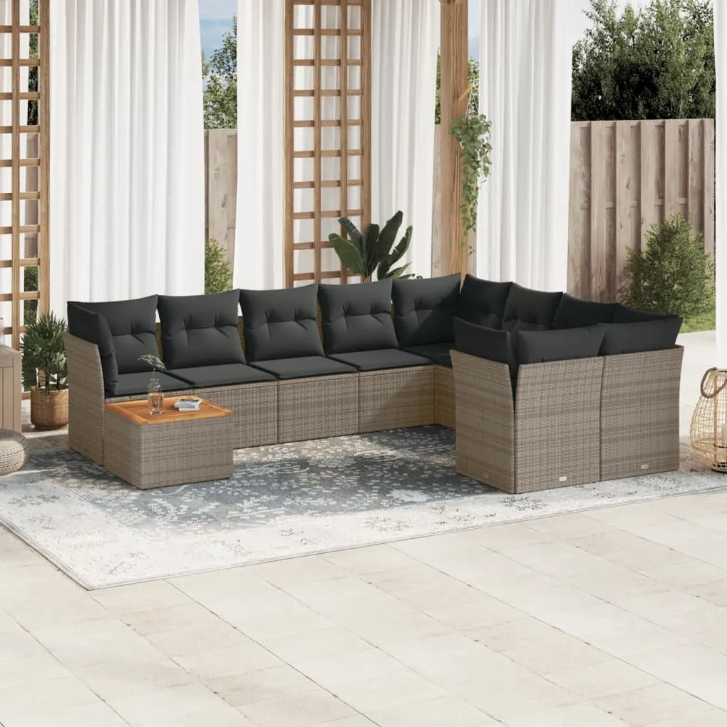 Set divano da giardino 10 pz con cuscini grigio in polyrattan