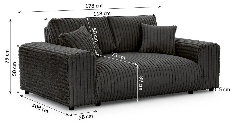 Divano grigio scuro con rivestimento in velluto a coste 178 cm Justin – Ropez
