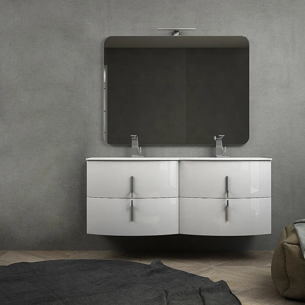 Mobile bagno doppio lavabo 140 cm bianco lucido sospeso con specchio filo lucido