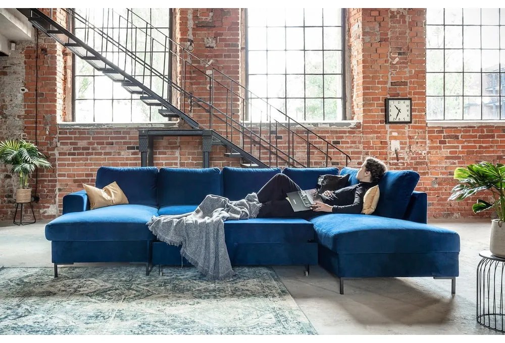 Divano letto a U in velluto blu navy, angolo destro Lofty Lilly - Miuform