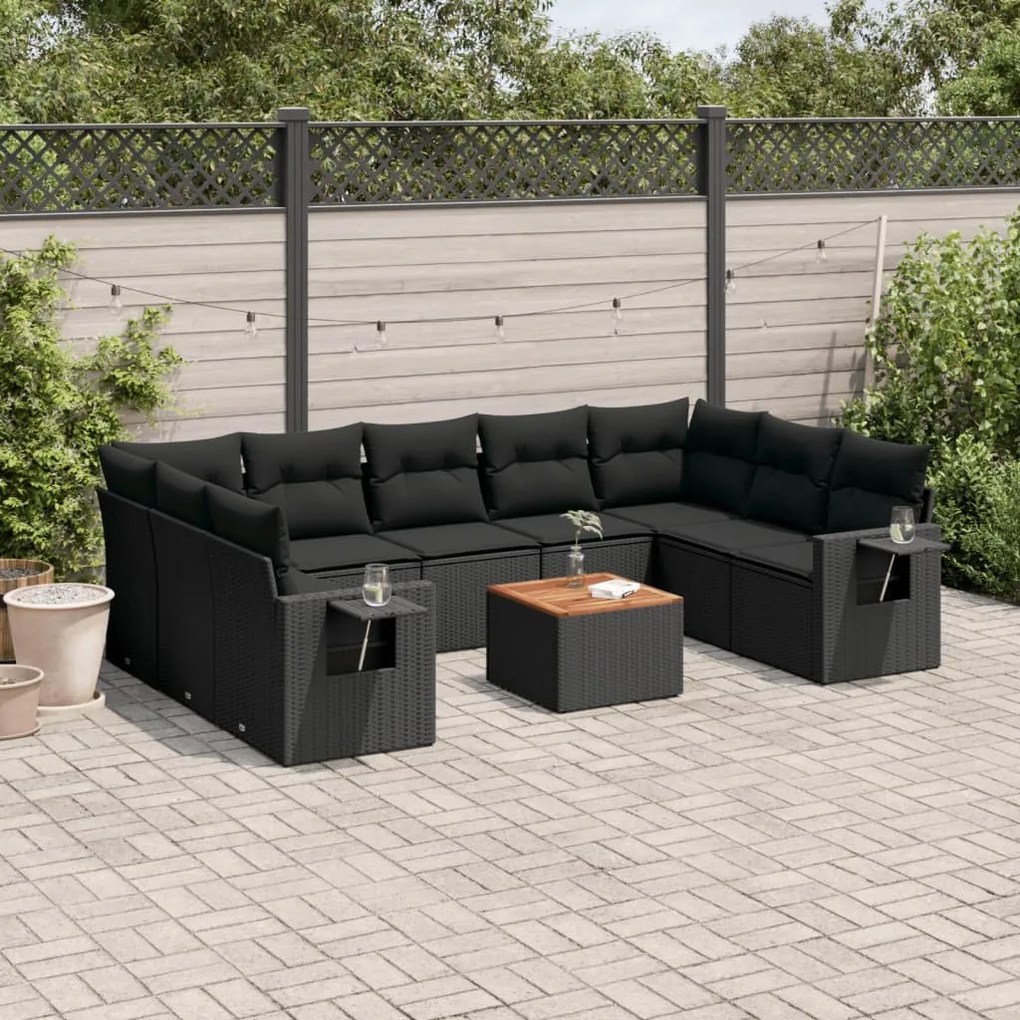 Set divani da giardino 10pz con cuscini in polyrattan nero