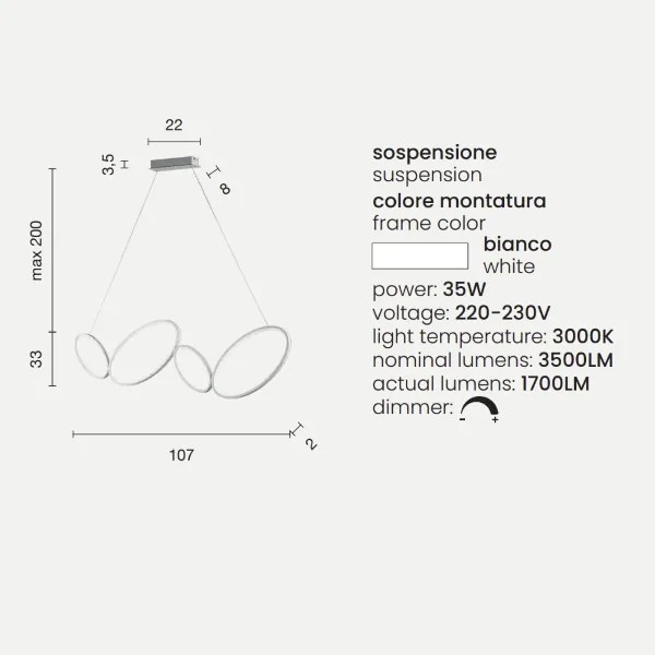 Lampada a sospensione Led RICE 107 cm in metallo e diffusore in acrilico Bianco