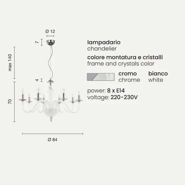 Lampada a sospensione DEBUSSY in vetro lavorato a mano D84 cm Bianco Satinato 8 LUCI
