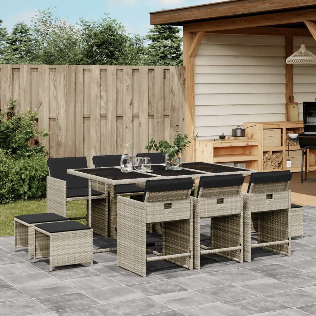 Set pranzo giardino 11pz con cuscini grigio chiaro polyrattan