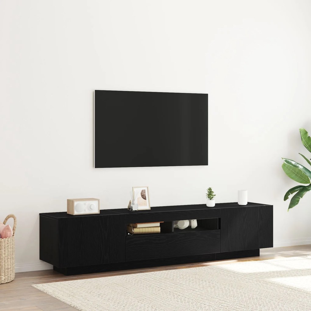 Mobile tv con luci led, nero rovere, 180x35x40 cm, in legno ingegnerizzato