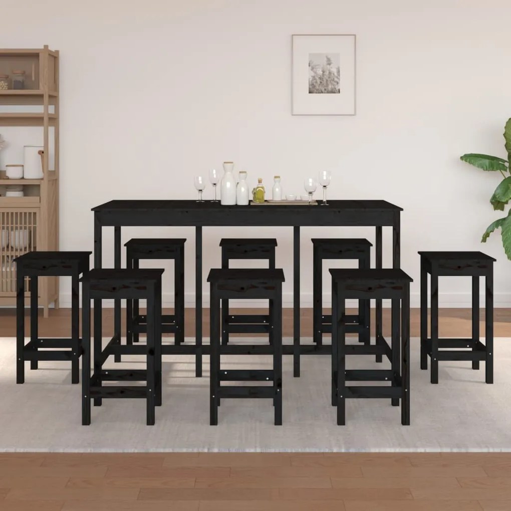 Set Da Bar 9 Pz Nero İn Legno Massello Di Pino /