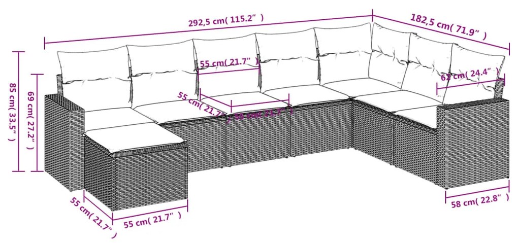 Set divano da giardino 8 pz con cuscini grigio in polyrattan