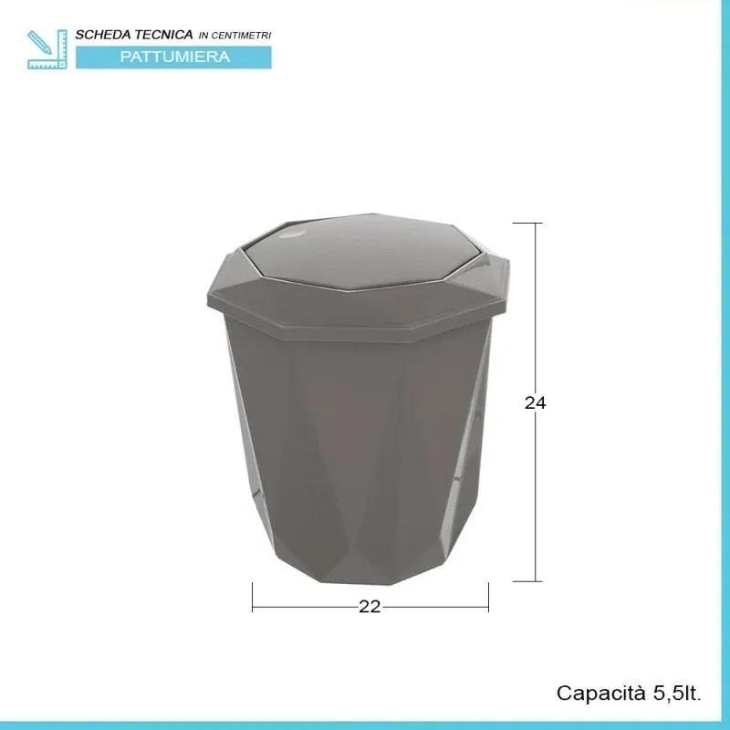 Pattumiera bagno grigio con coperchio basculante e capacità 5,5 lt