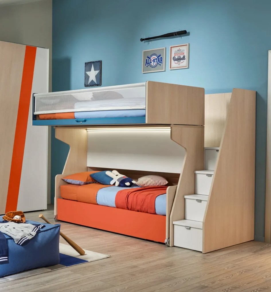 Letto a soppalco con passerella a 3 posti letto in finitura Bianco luce e Larice
