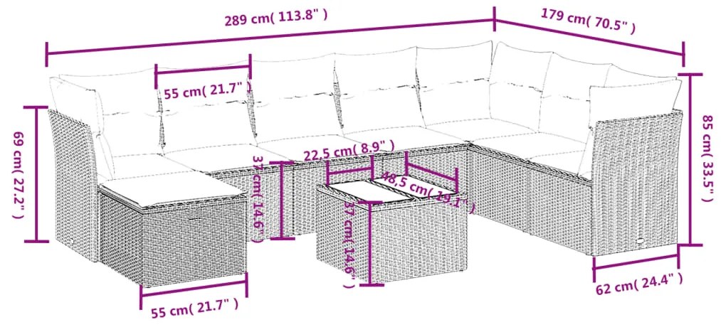 Set divano da giardino 9 pz con cuscini beige misto polyrattan