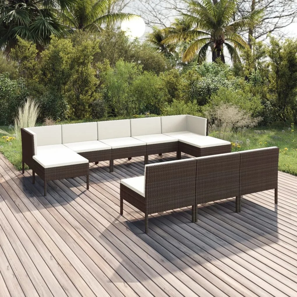 Set divani da giardino 10 pz con cuscini in polyrattan marrone