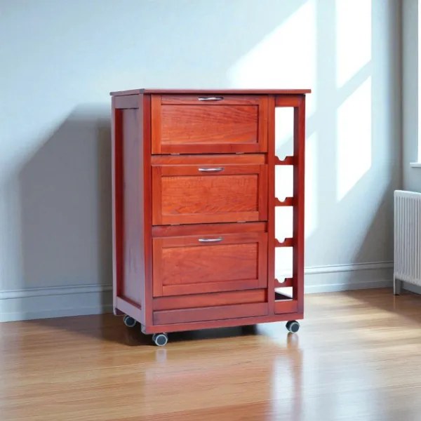 Carrello mobiletto con ante a ribalta e portabottiglie in legno CILIEGIO