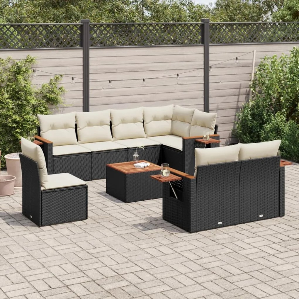 Set divani da giardino 9 pz con cuscini nero in polyrattan