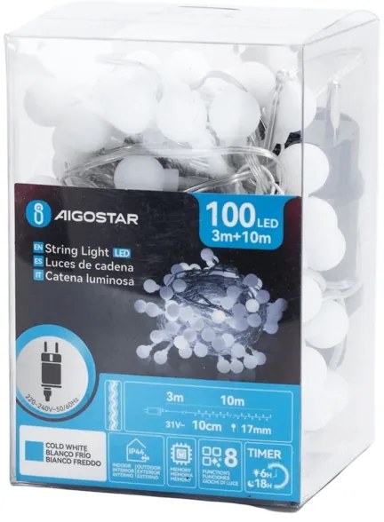 Aigostar - Catena luminosa decorativa LED per esterni 100xLED/3,6W/230V/8 funzioni 10m IP44 bianco freddo