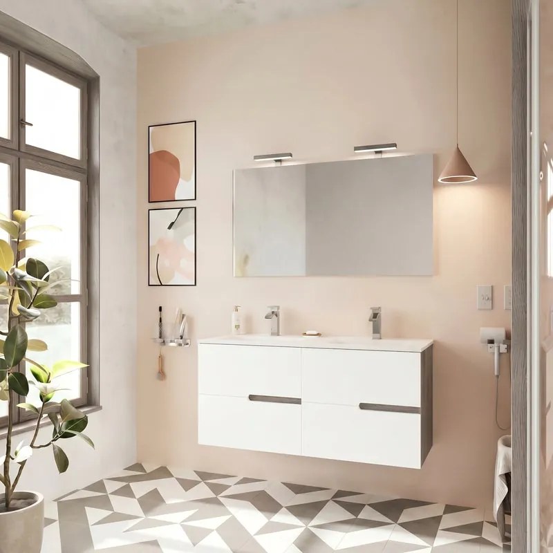 Composizione Eva sospeso L 120 x P 44 x H 50 cm, con due cassetti, Noce Americano e Bianco Lucido, lavabo in ceramica, specchiera e lampada LED